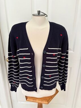 Striped Navy Cardigan with Red Heart Accents ladies medium